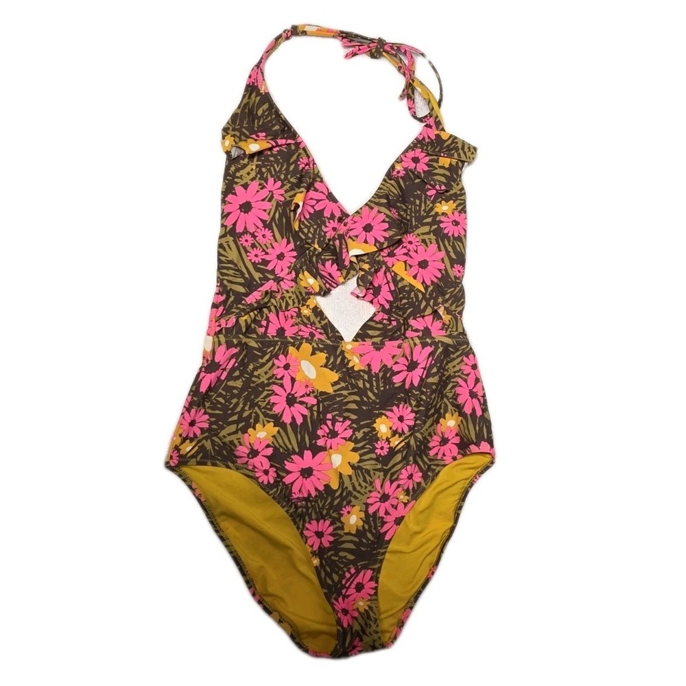 Aerie Women's Sz Medium Floral Cut Out One Piece Ruffle Swimsuit Halter Neck